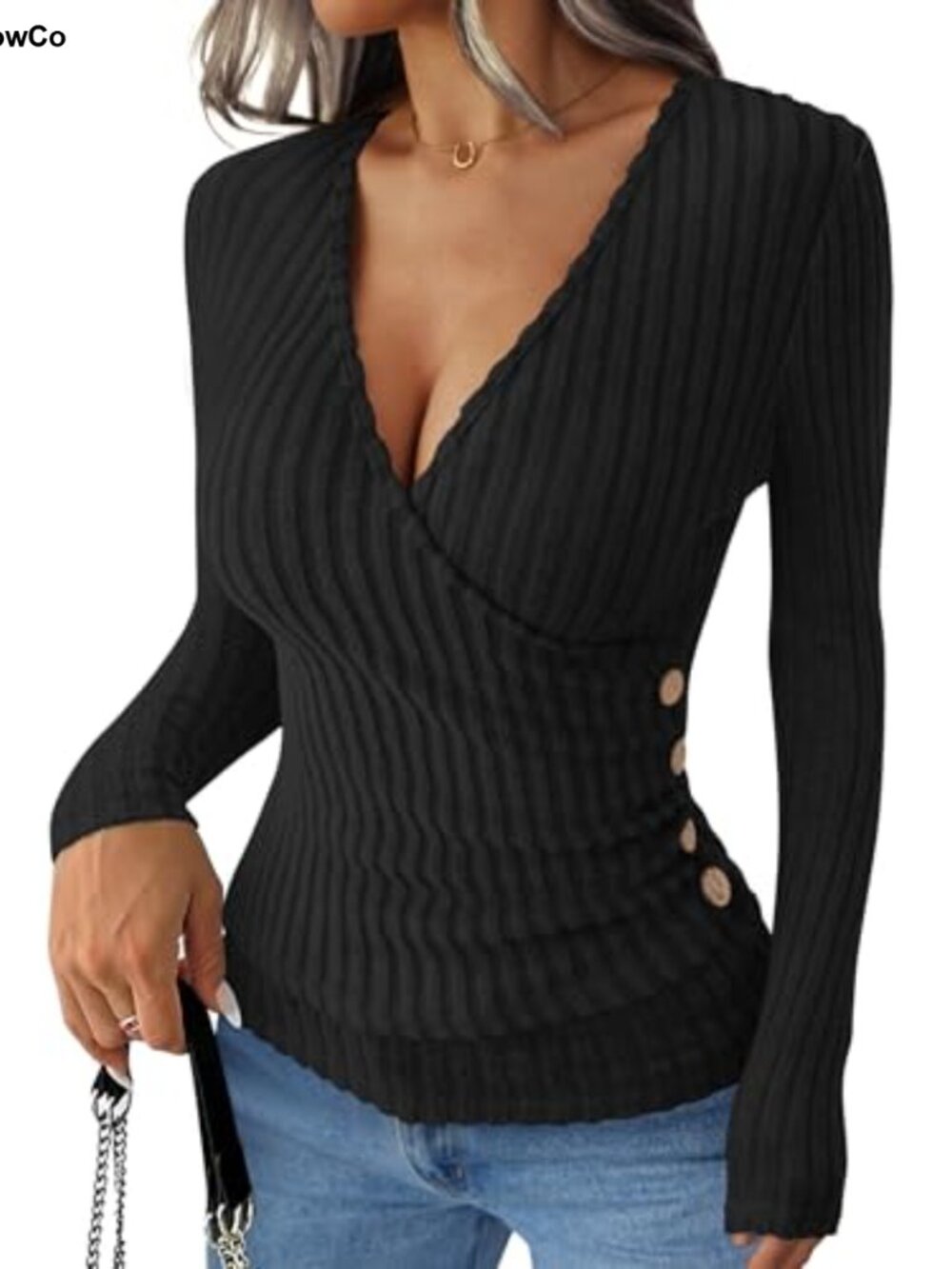 V Neck Long Sleeve Slim Fit Ribbed Knit Top for Women Fall